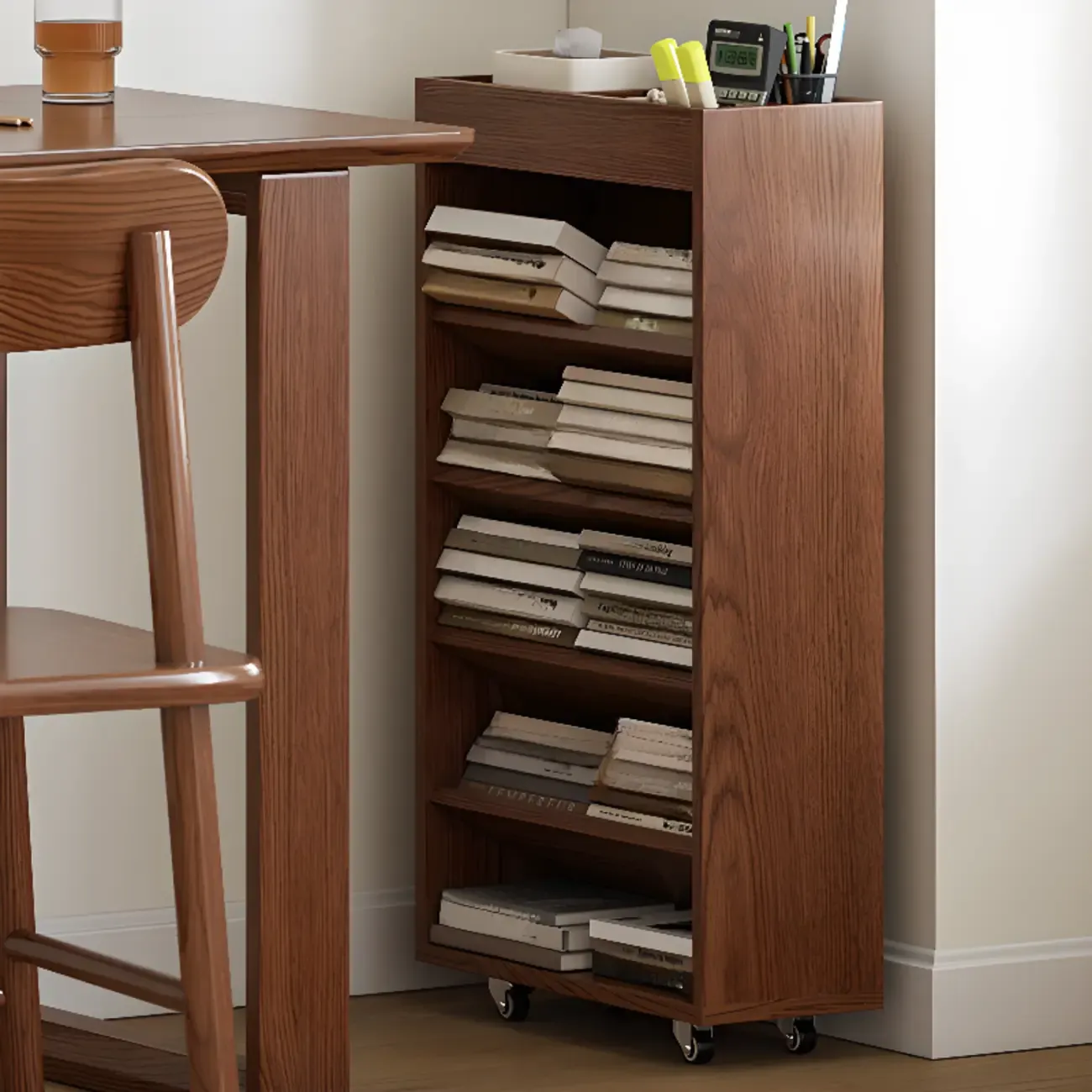 Mobile 5-Shelf Nut-Brown Wood Vertical Bookcase Image - 3