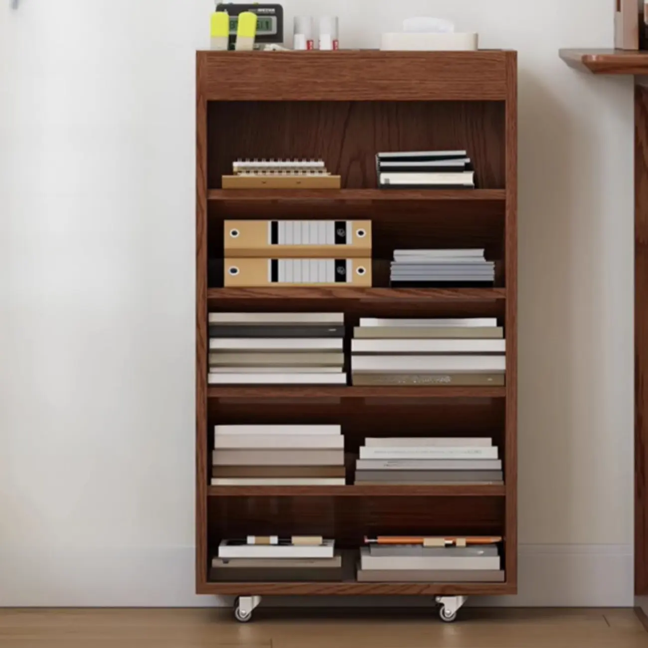 Mobile 5-Shelf Nut-Brown Wood Vertical Bookcase Image - 2 | homeyfad