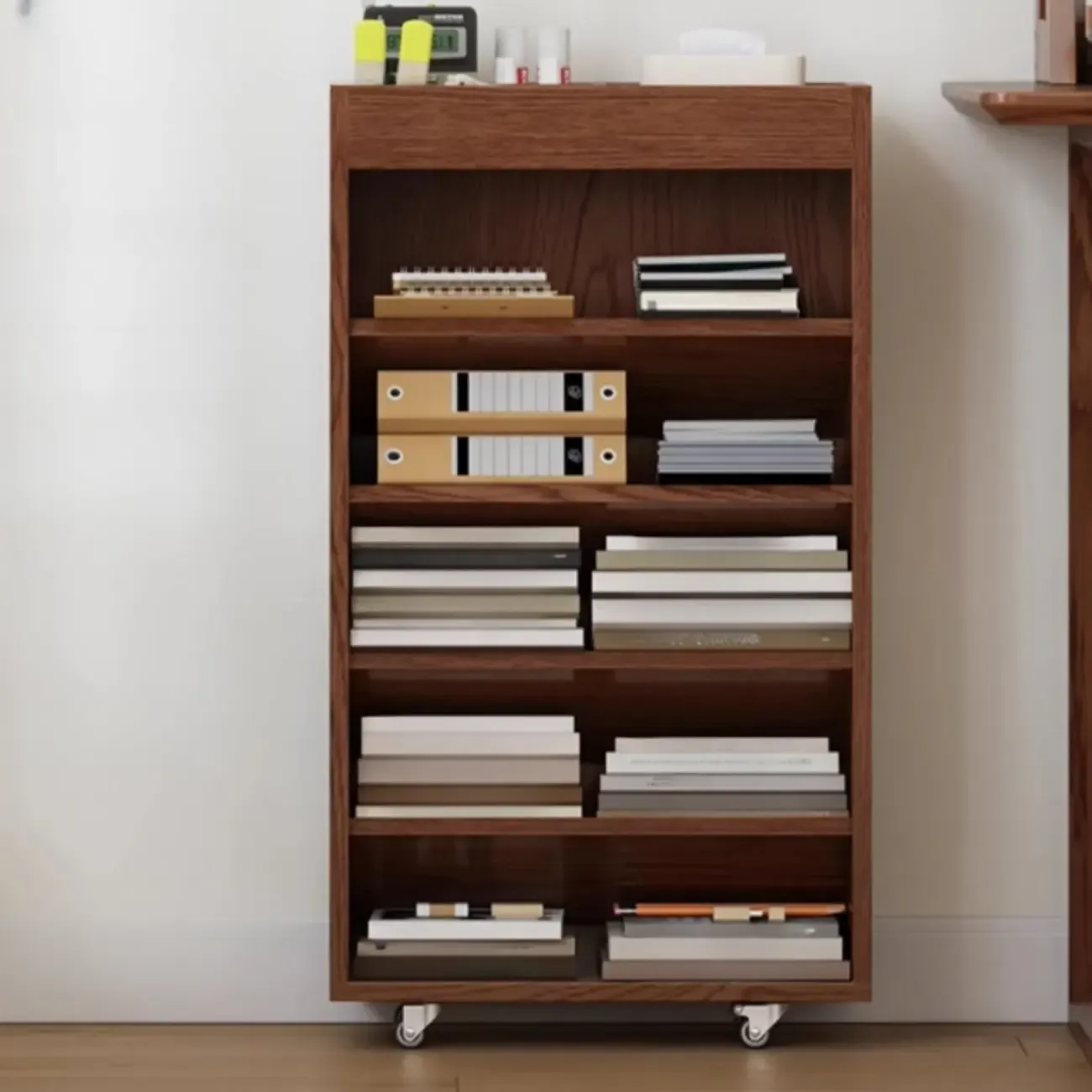 Mobile 5-Shelf Nut-Brown Wood Vertical Bookcase Image - 2