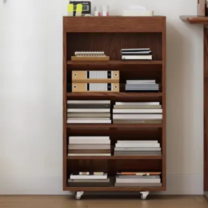 Mobile 5-Shelf Nut-Brown Wood Vertical Bookcase Image - 2
