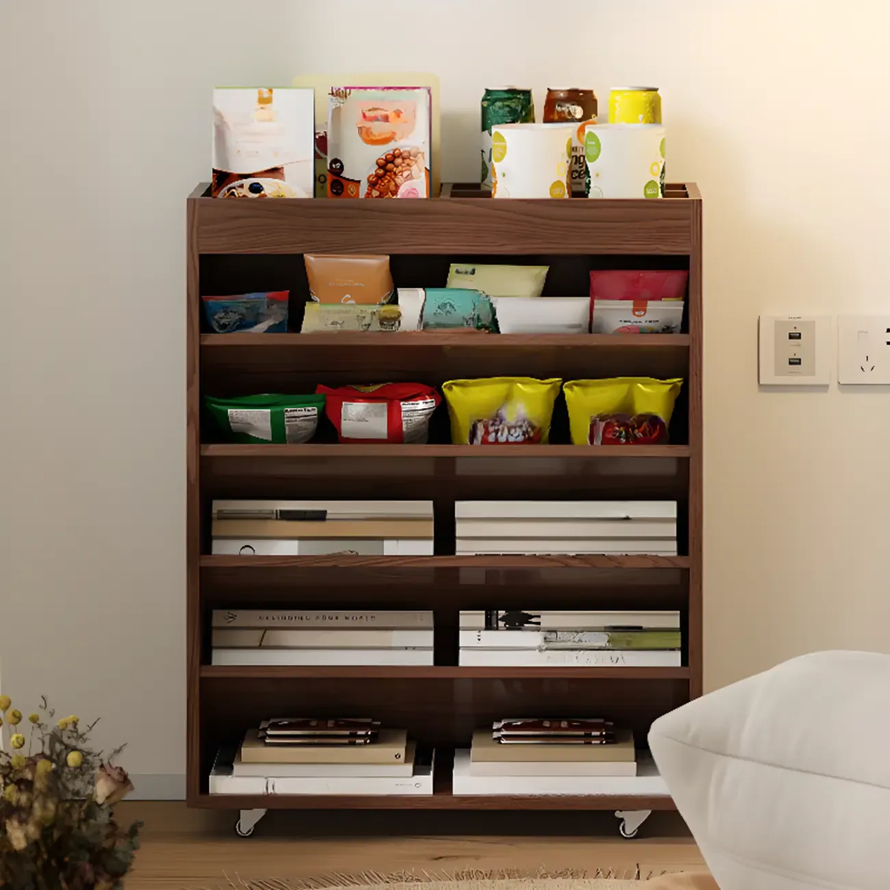 Mobile 5-Shelf Nut-Brown Wood Vertical Bookcase Image - 10
