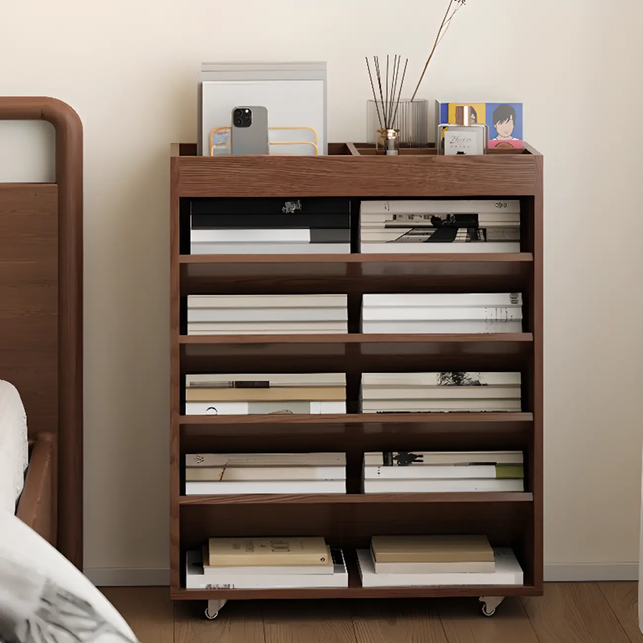 Mobile 5-Shelf Nut-Brown Wood Vertical Bookcase Image - 12 | homeyfad