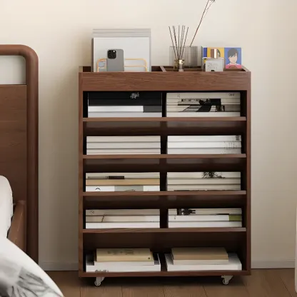 Mobile 5-Shelf Nut-Brown Wood Vertical Bookcase Image - 12