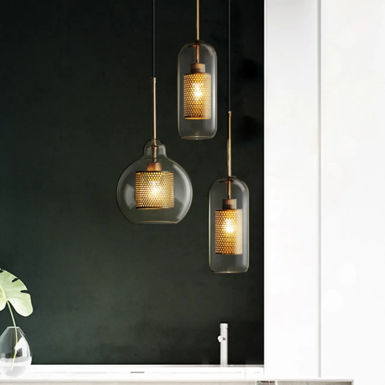 Modern Clear Glass Kitchen Island Pendant Light Metal Frame 