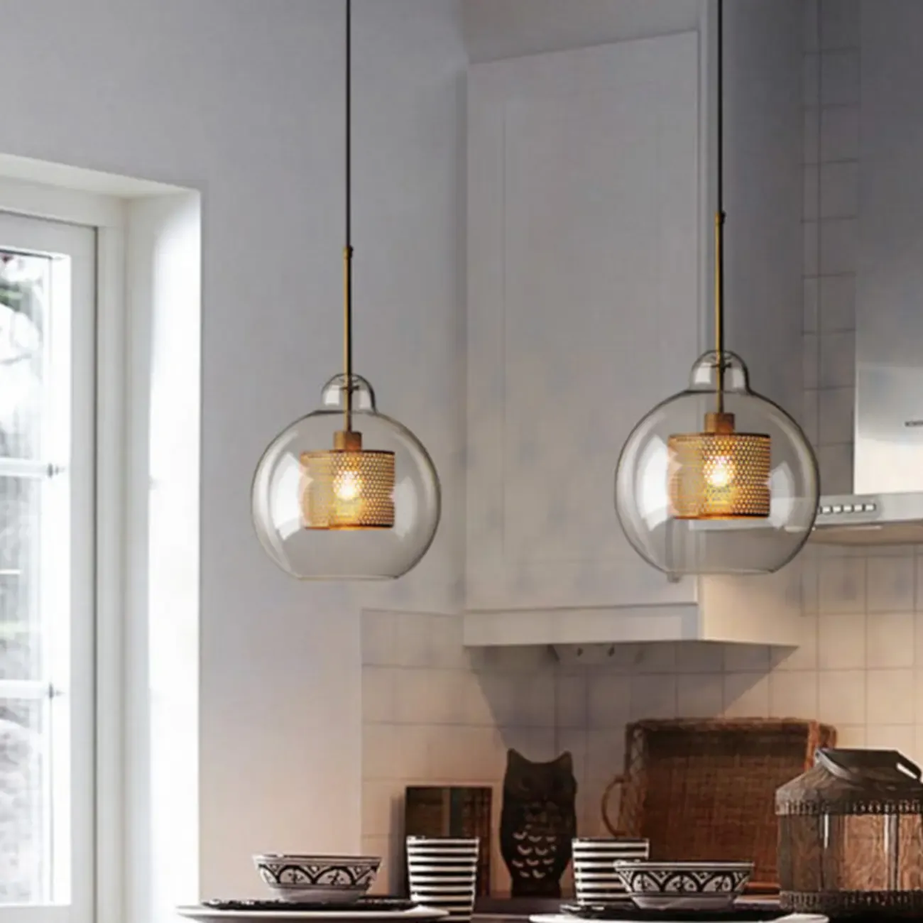 Modern Clear Glass Kitchen Island Pendant Light Metal Frame 