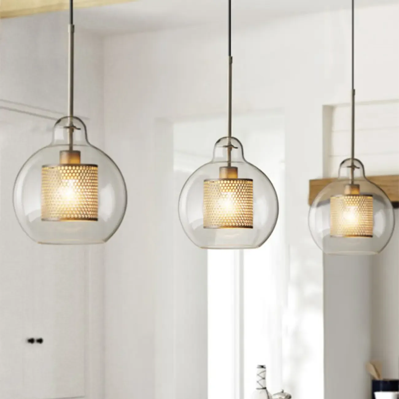 Modern Clear Glass Kitchen Island Pendant Light Metal Frame 