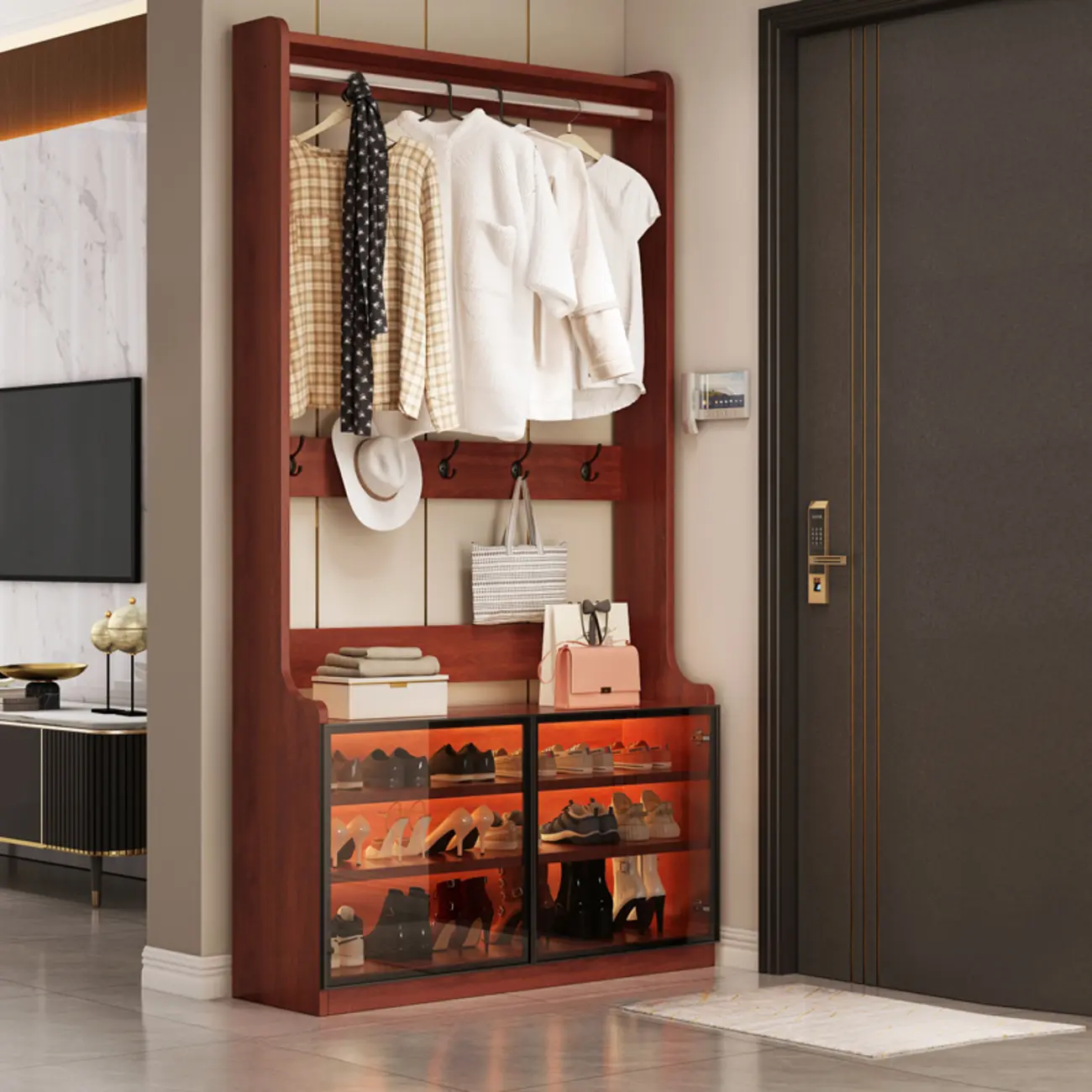 23.5"- 47" Wide Wooden Hall Tree with Storage Bench Image - 2 | homeyfad