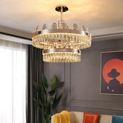 Glam Gold Crystal Circular Glass Pendant Chandelier Image - 1