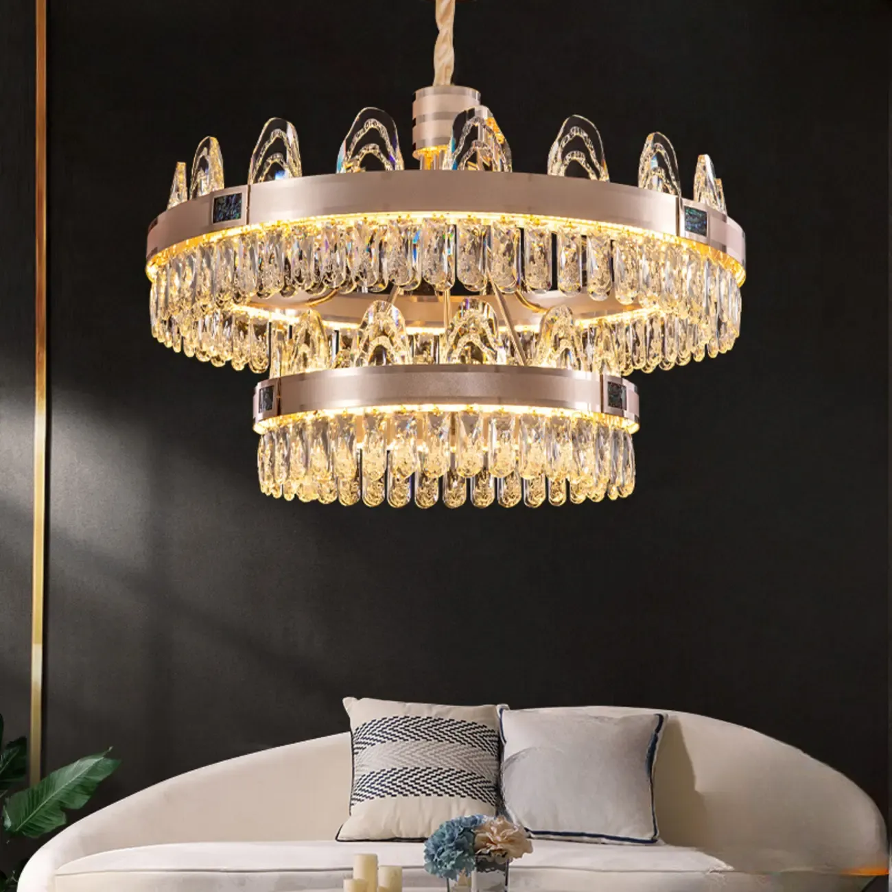 Glam Gold Crystal Circular Glass Pendant Chandelier Image - 2