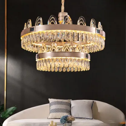 Glam Gold Crystal Circular Glass Pendant Chandelier Image - 2
