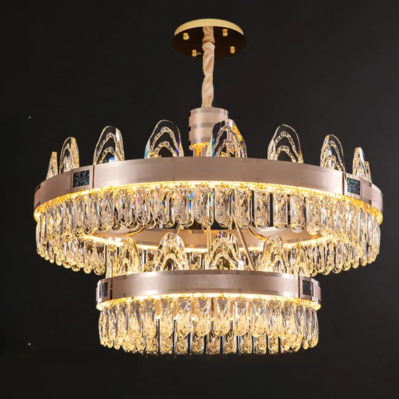 Glam Gold Crystal Circular Glass Pendant Chandelier Image - 3