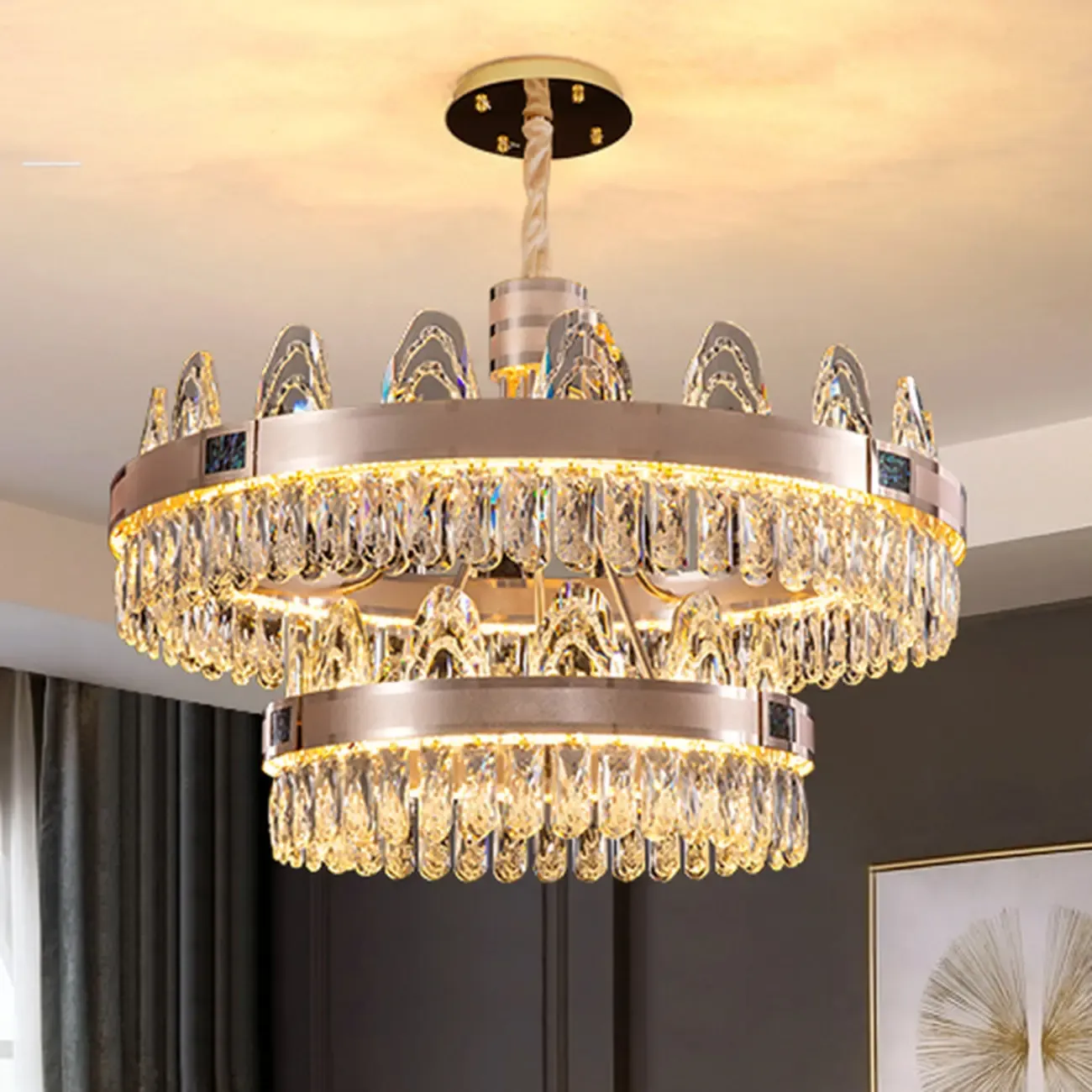 Glam Gold Crystal Circular Glass Pendant Chandelier Image - 8