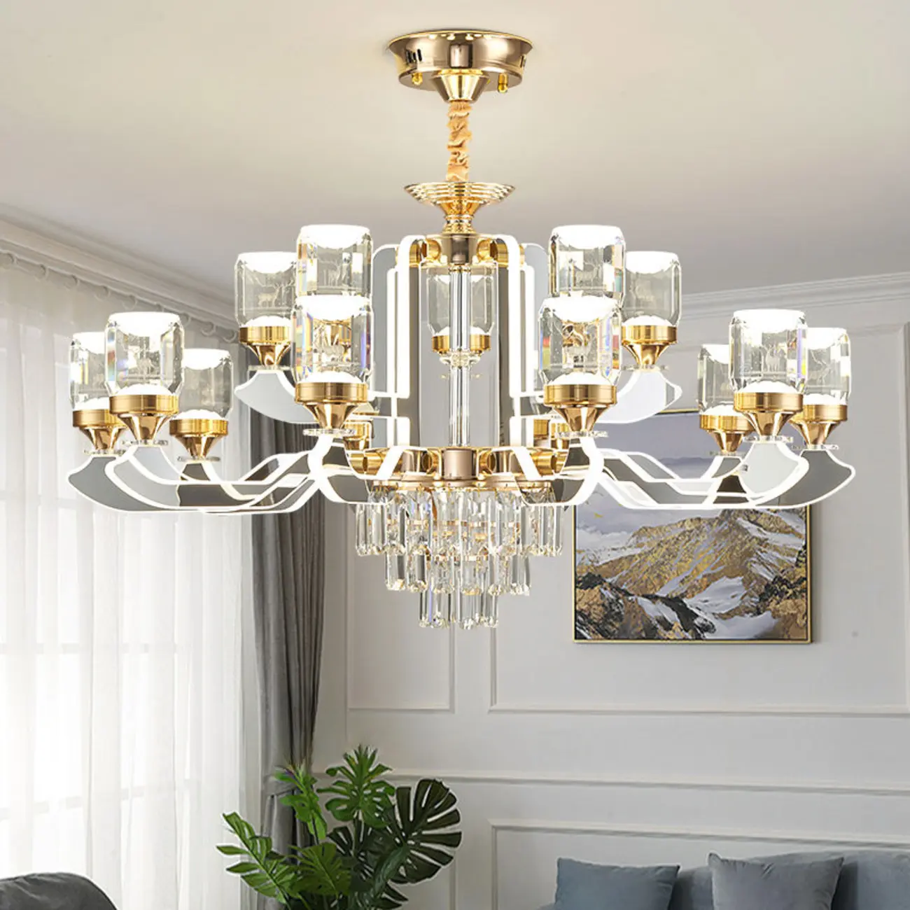 Gold Crystal Linear Modern Chandelier with Glass Beads Image - 1 | homeyfad