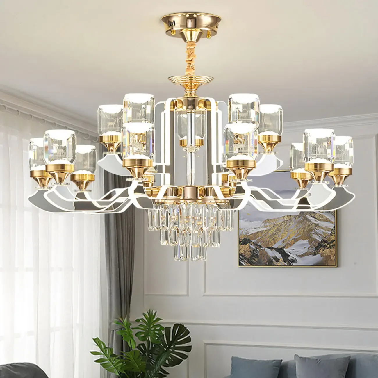 Gold Crystal Linear Modern Chandelier with Glass Beads Image - 1