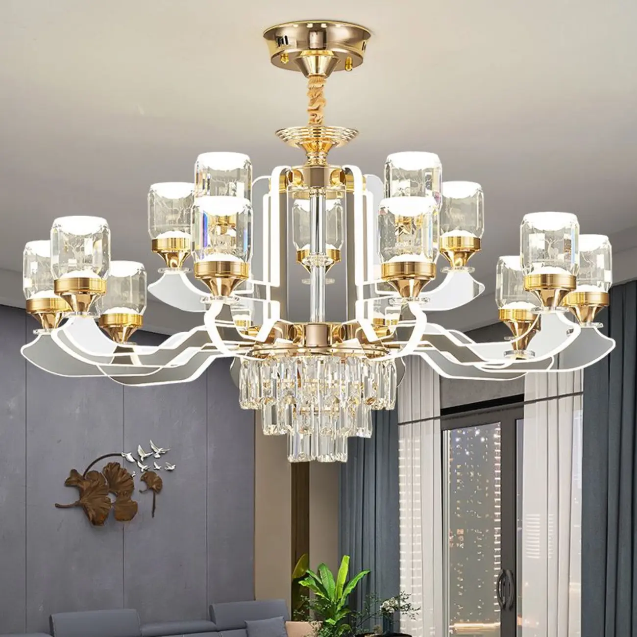 Gold Crystal Linear Modern Chandelier with Glass Beads Image - 4 | homeyfad