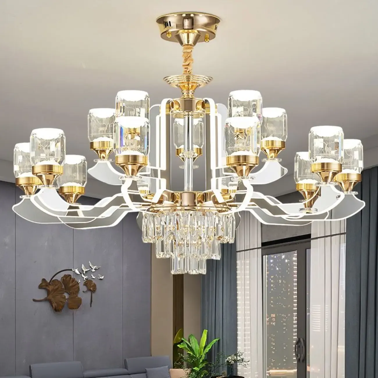 Gold Crystal Linear Modern Chandelier with Glass Beads Image - 4