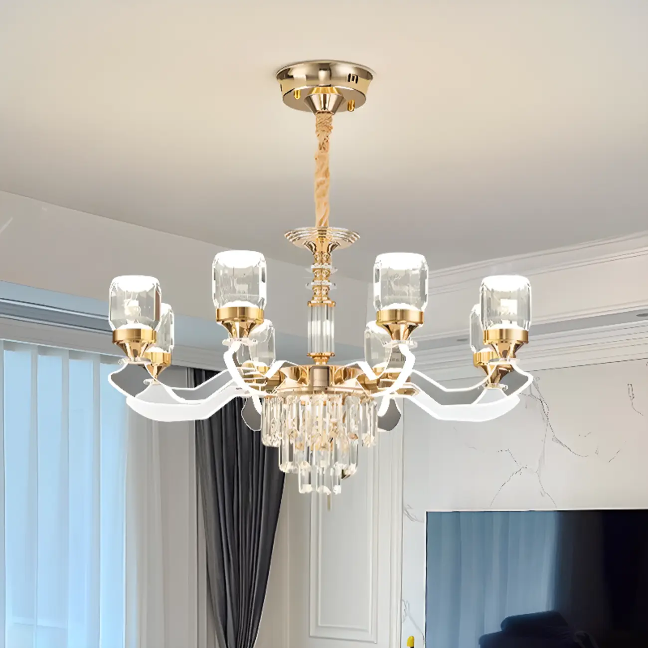 Gold Crystal Linear Modern Chandelier with Glass Beads Image - 6 | homeyfad