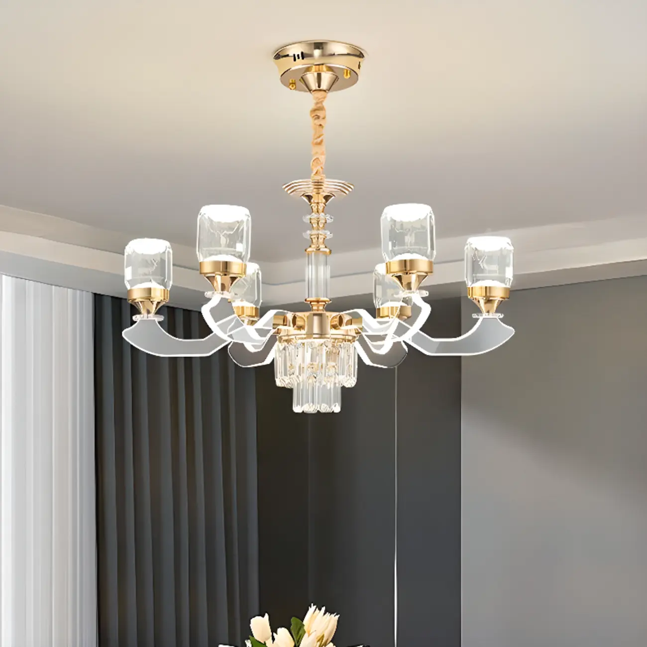 Gold Crystal Linear Modern Chandelier with Glass Beads Image - 8 | homeyfad