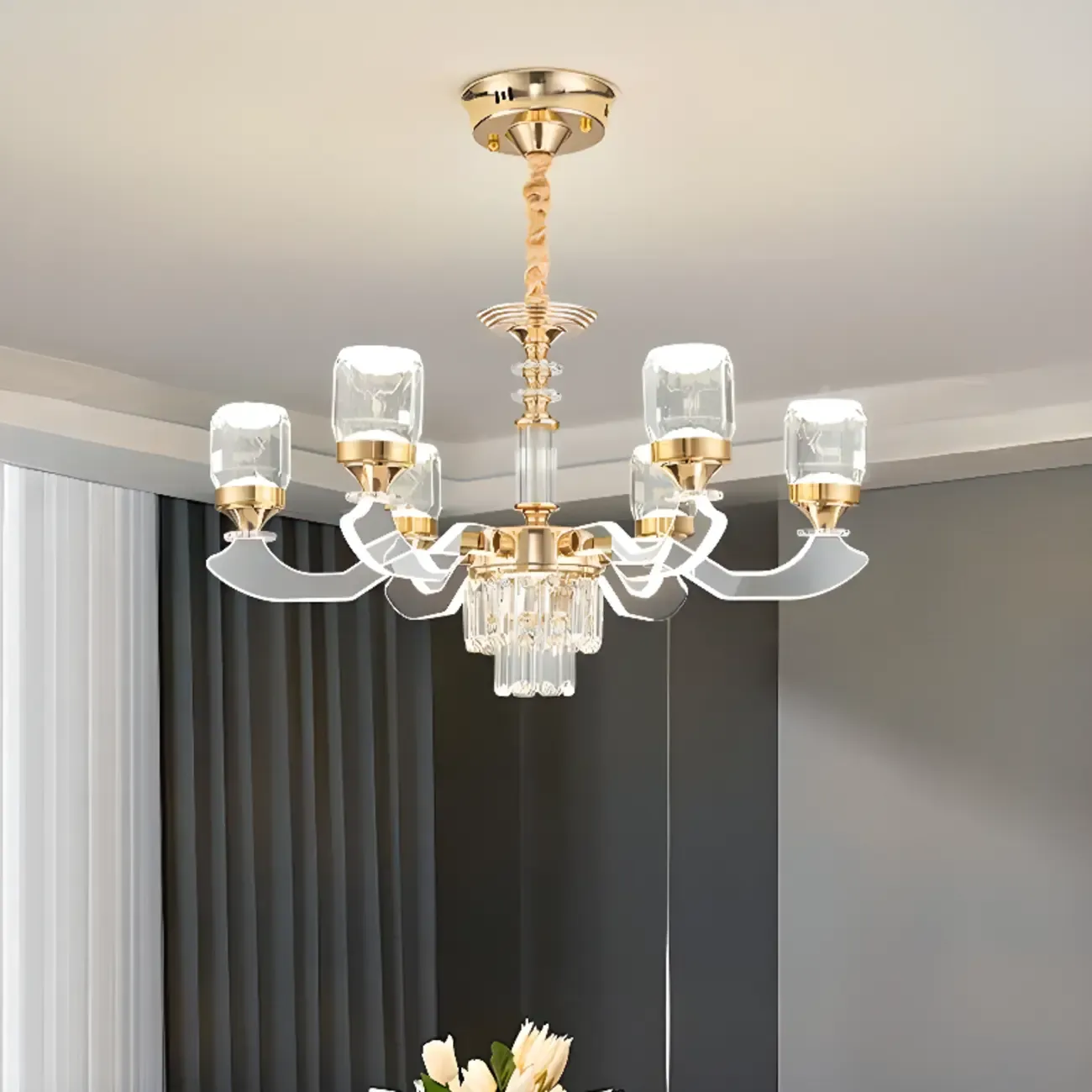 Gold Crystal Linear Modern Chandelier with Glass Beads Image - 8