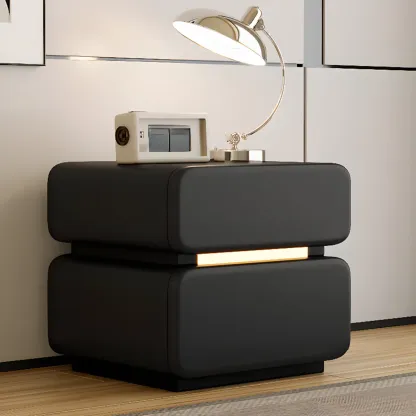 Modern Black Leather Top  2 Drawers Accent Nightstand Image - 3