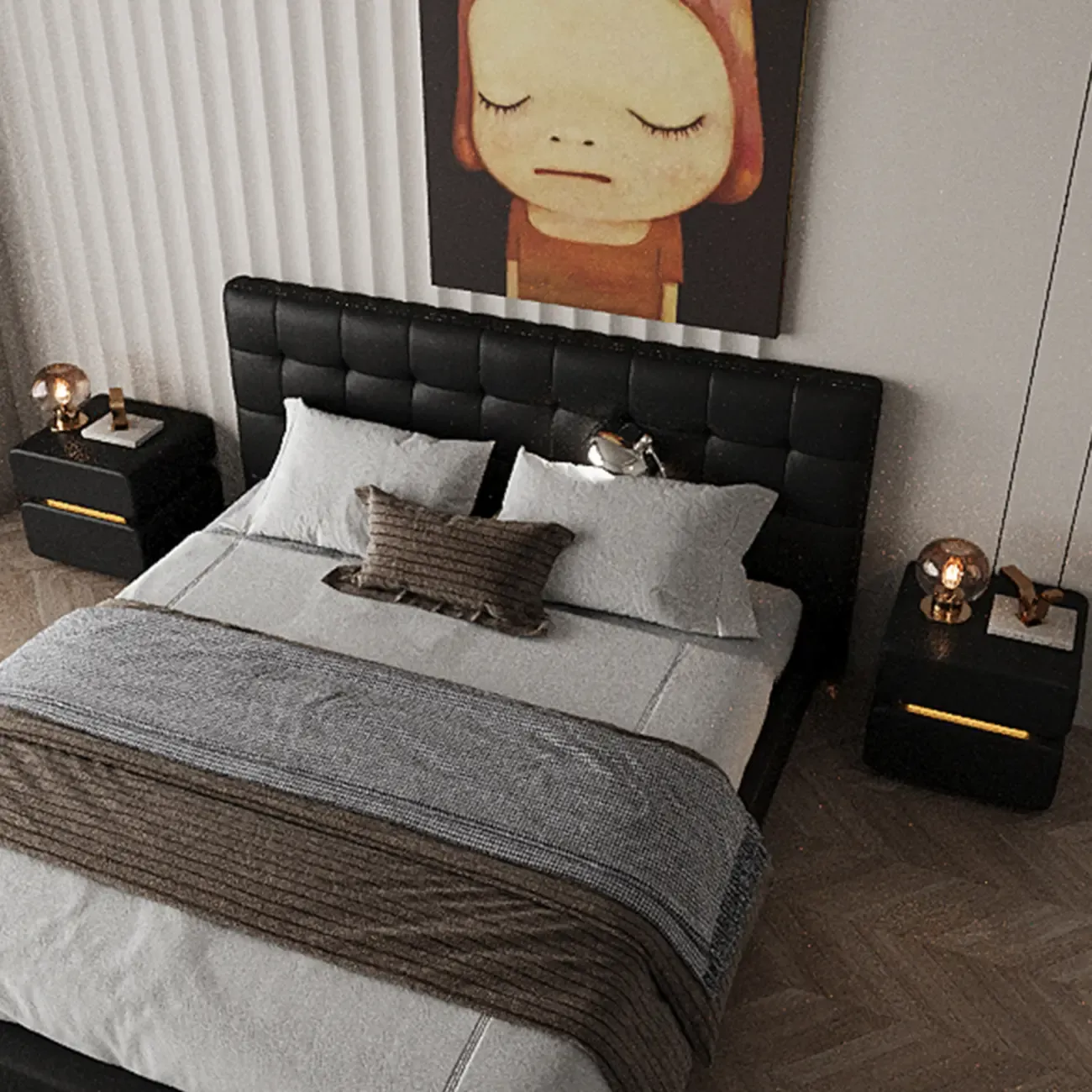 Modern Black Leather Top  2 Drawers Accent Nightstand Image - 4