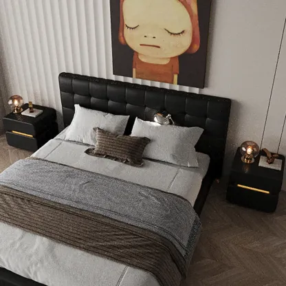 Modern Black Leather Top  2 Drawers Accent Nightstand Image - 4