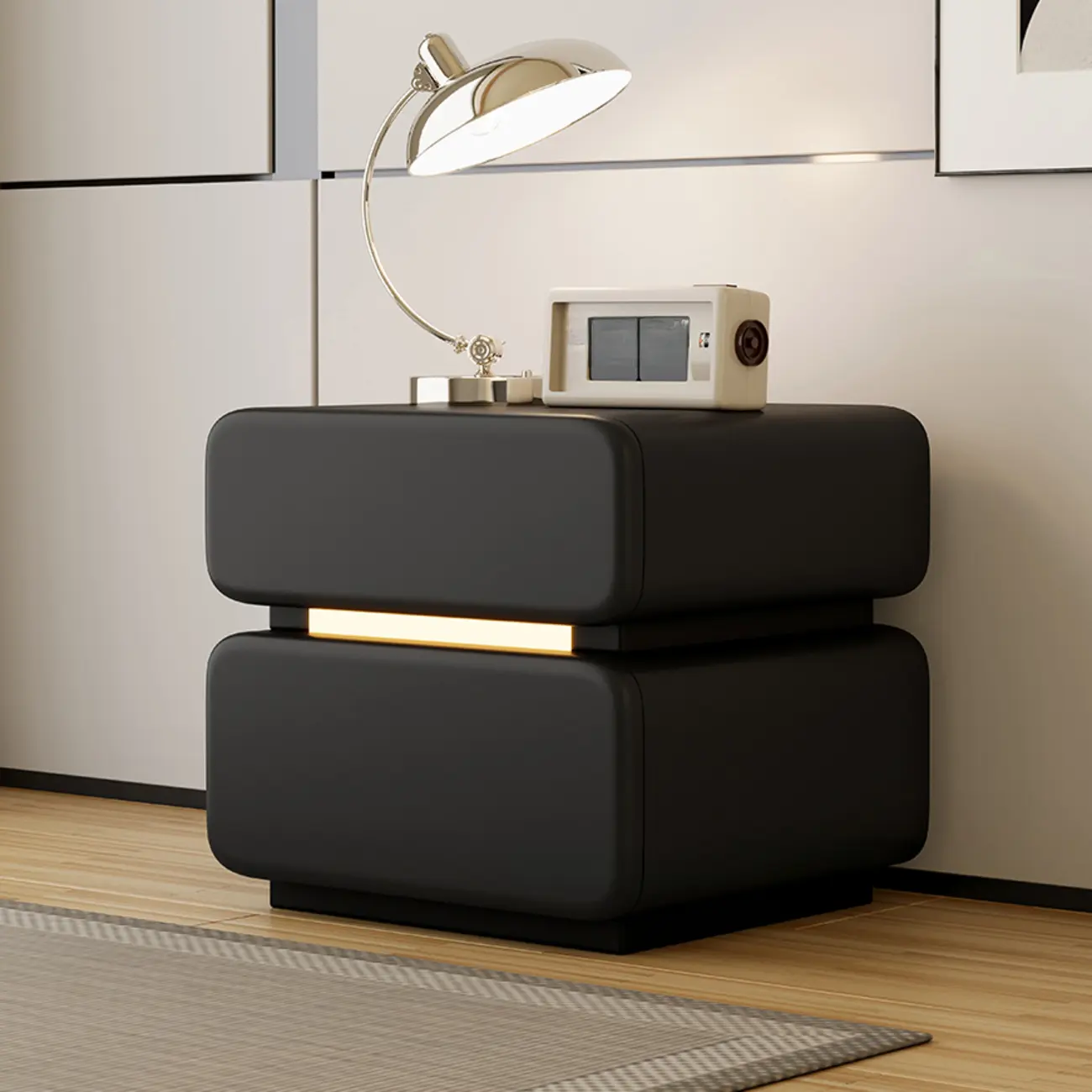 Modern Black Leather Top  2 Drawers Accent Nightstand Image - 6 | homeyfad