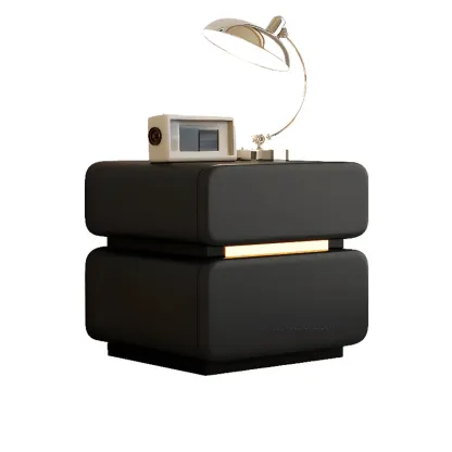 Modern Black Leather Top  2 Drawers Accent Nightstand Image - 7