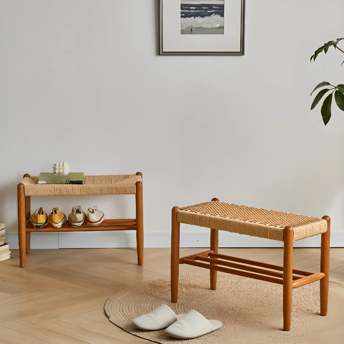 Tropical Oatmeal Rattan Accent Wood Entryway Bench with Shelf Image - 6 | homeyfad