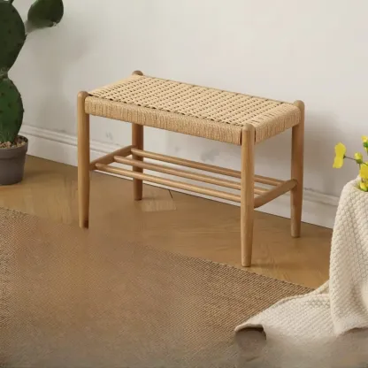 Tropical Oatmeal Rattan Accent Wood Entryway Bench with Shelf Image - 8