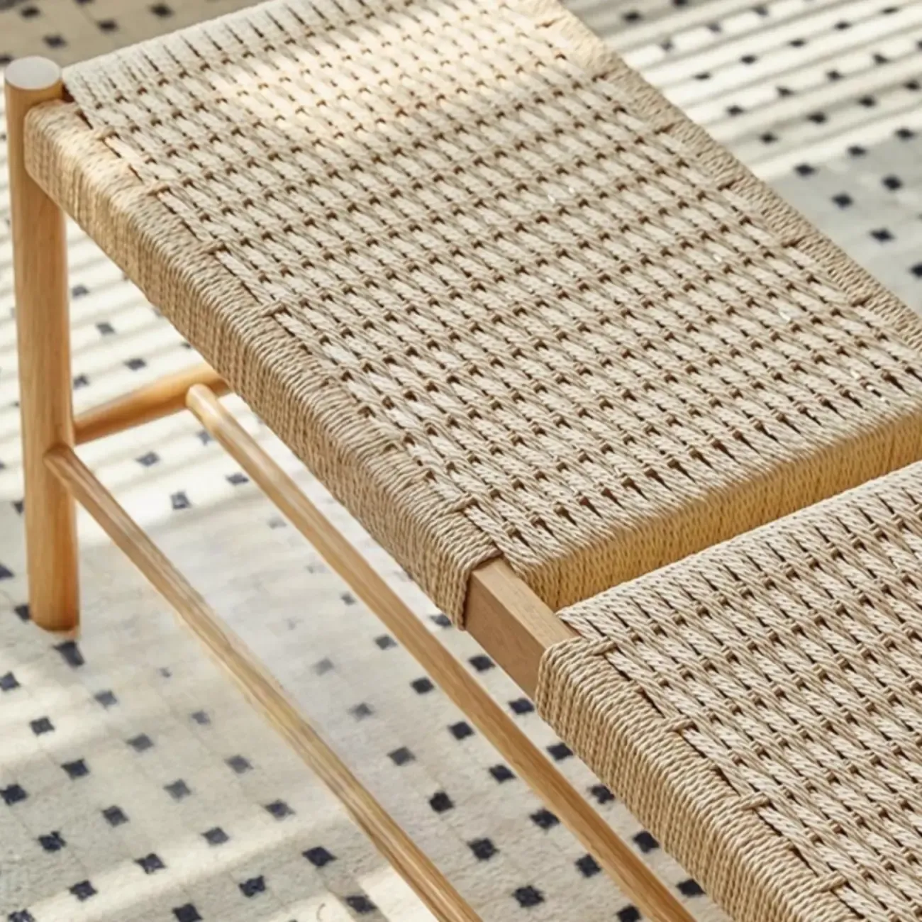 Tropical Oatmeal Rattan Accent Wood Entryway Bench with Shelf Image - 11