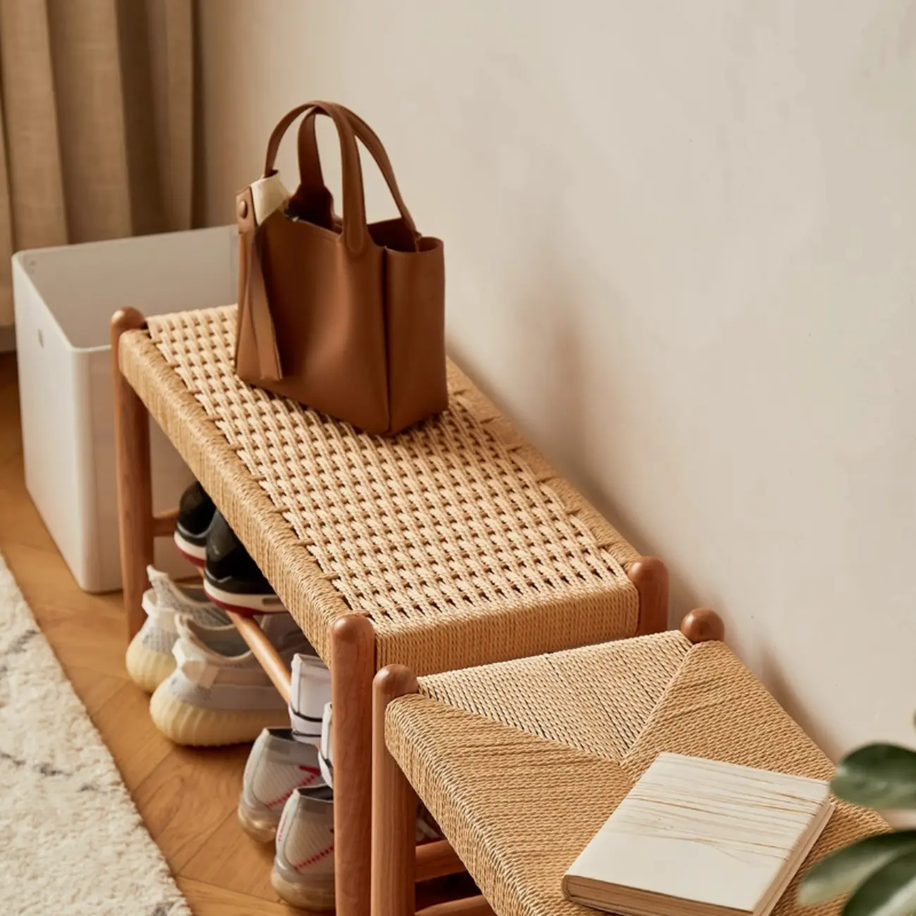 Tropical Oatmeal Rattan Accent Wood Entryway Bench with Shelf Image - 9 | homeyfad