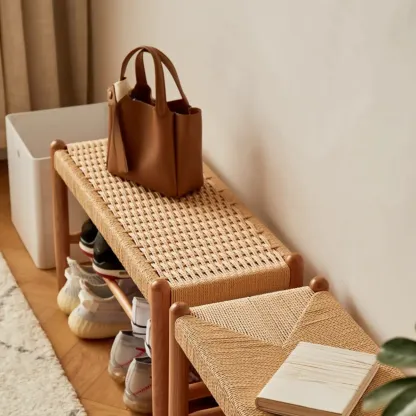 Tropical Oatmeal Rattan Accent Wood Entryway Bench with Shelf Image - 9