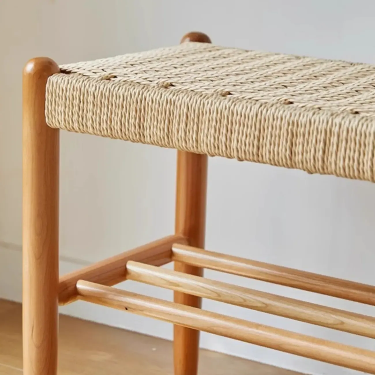 Tropical Oatmeal Rattan Accent Wood Entryway Bench with Shelf Image - 13