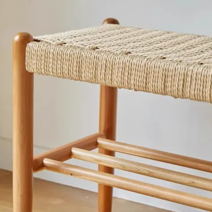 Tropical Oatmeal Rattan Accent Wood Entryway Bench with Shelf Image - 13