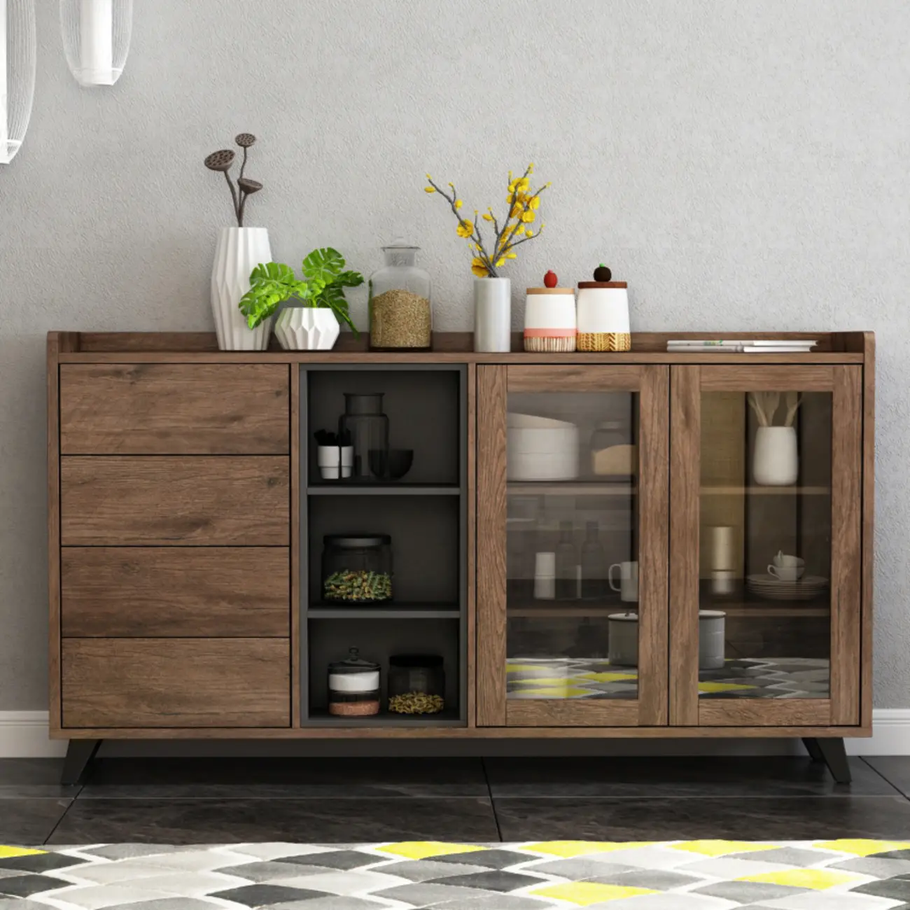 4-Drawer Taupe Wood Sideboard with Glass Doors Image - 1 | homeyfad