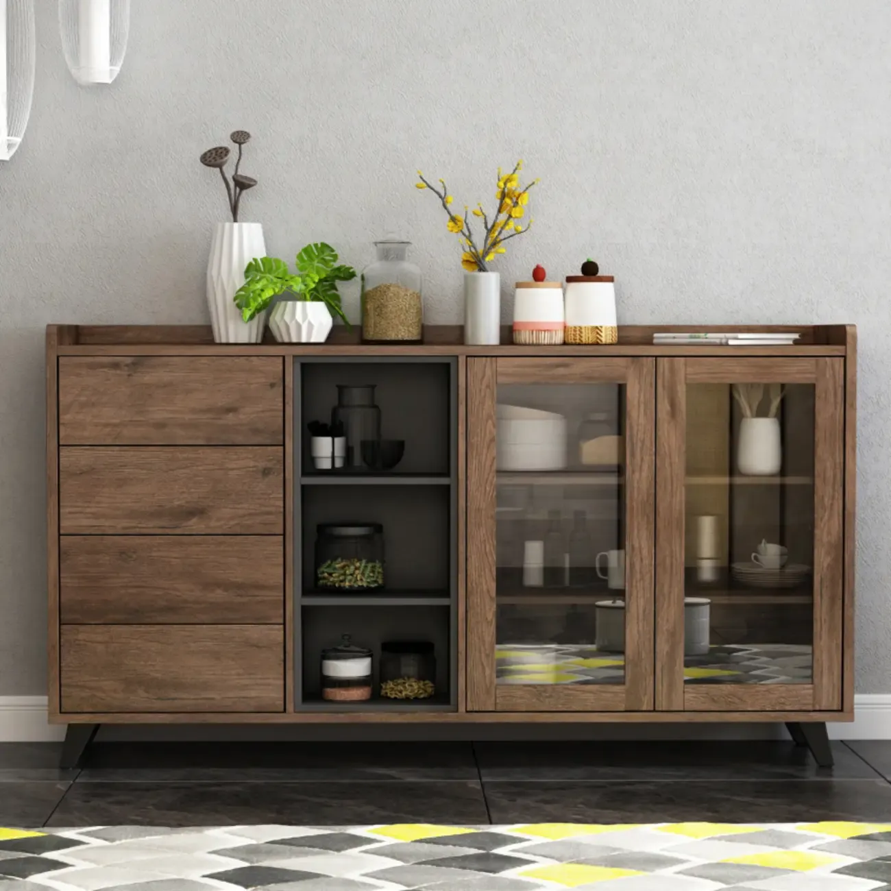 4-Drawer Taupe Wood Sideboard with Glass Doors Image - 1