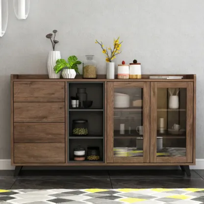 4-Drawer Taupe Wood Sideboard with Glass Doors Image - 1