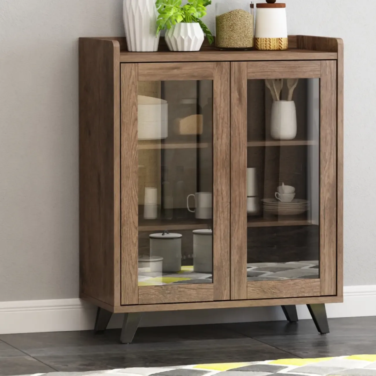 4-Drawer Taupe Wood Sideboard with Glass Doors | HomeyFad