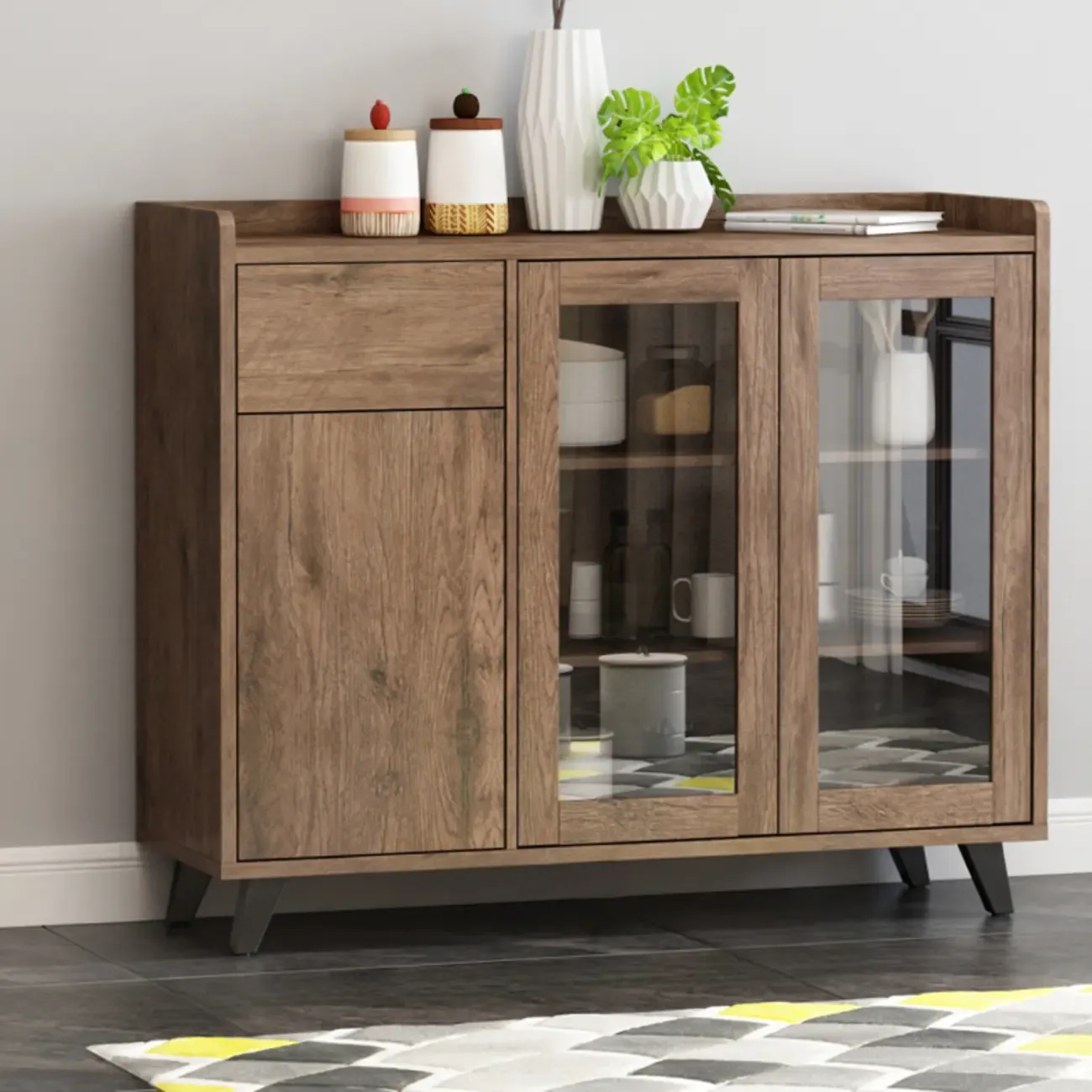 4-Drawer Taupe Wood Sideboard with Glass Doors Image - 4