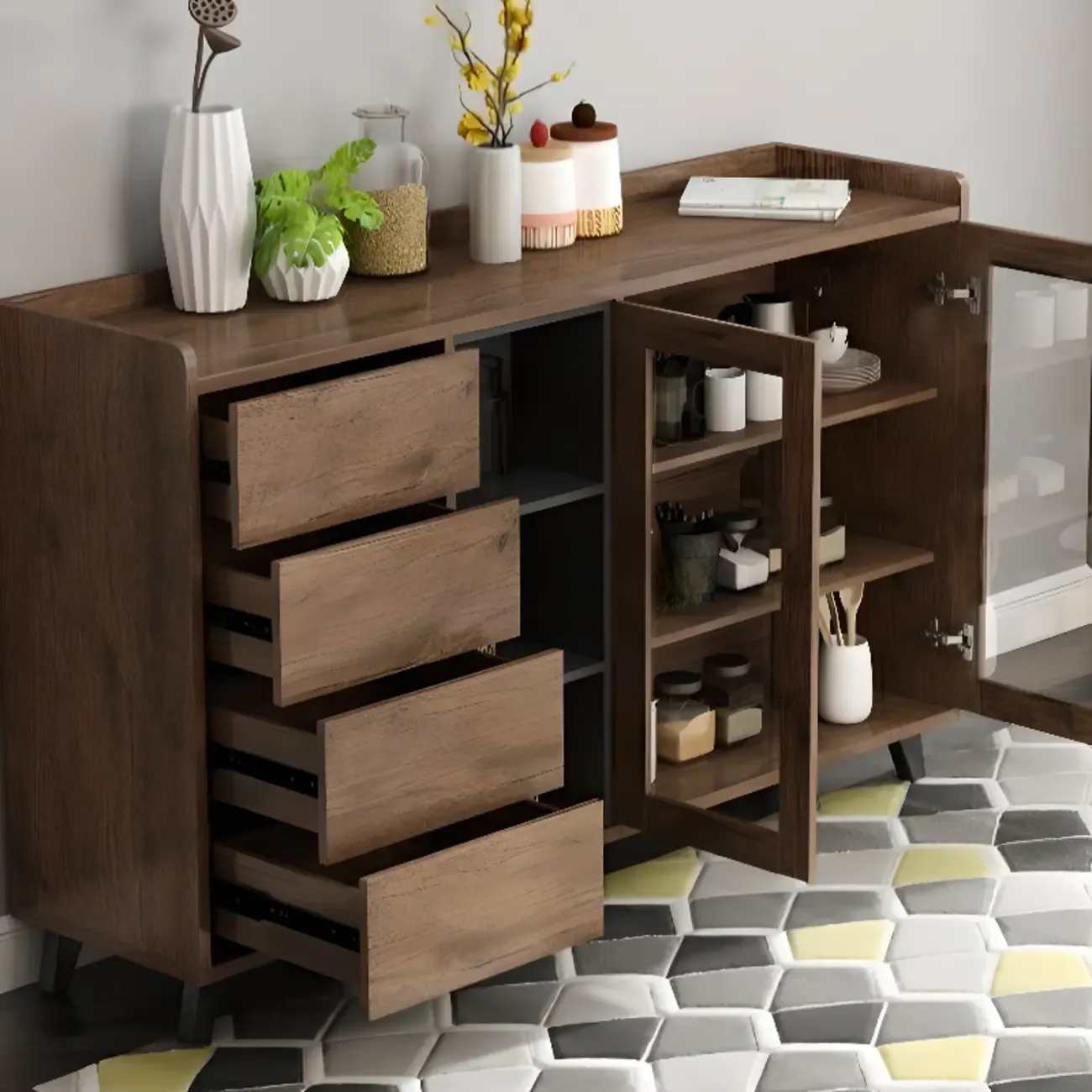 4-Drawer Taupe Wood Sideboard with Glass Doors Image - 2