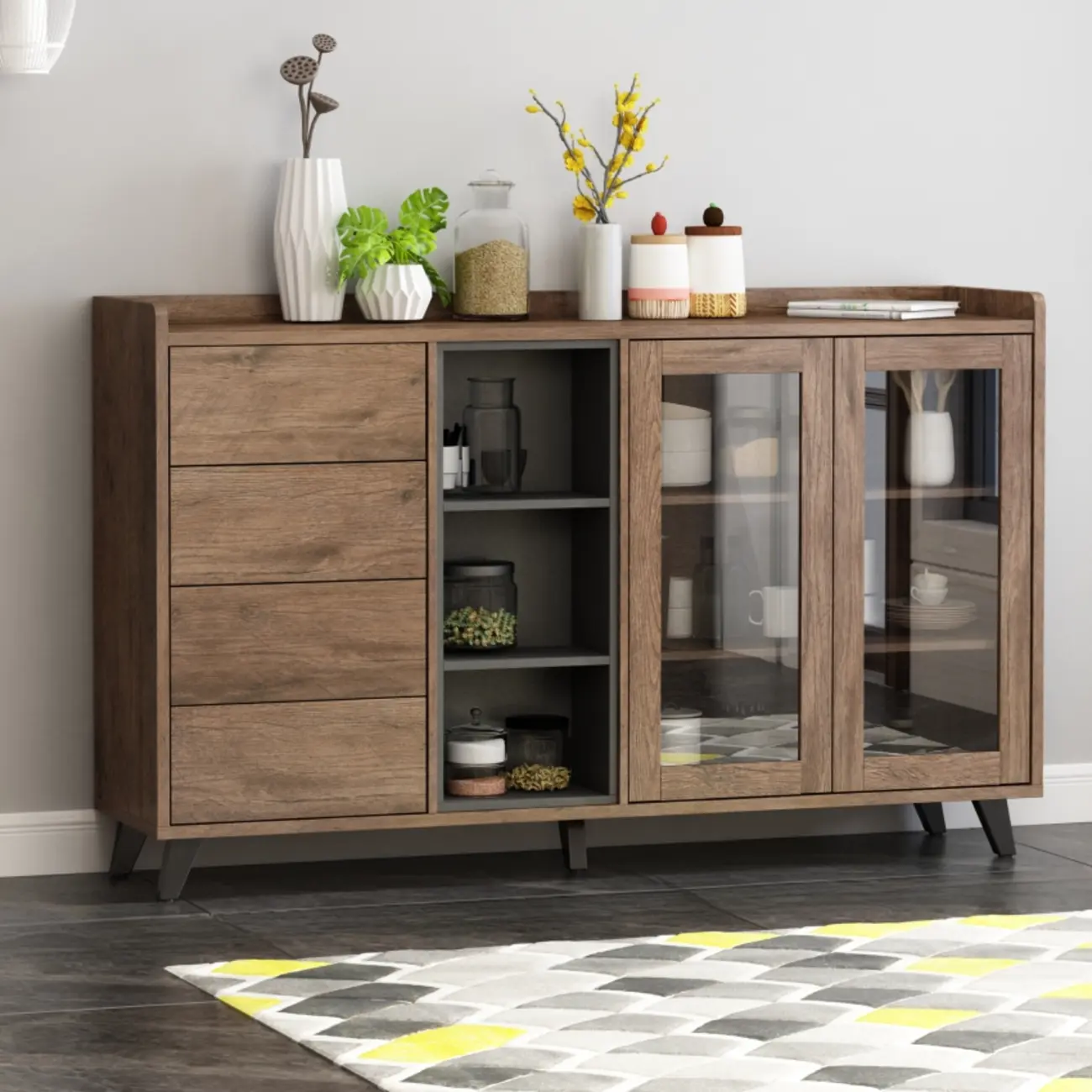 4-Drawer Taupe Wood Sideboard with Glass Doors Image - 5 | homeyfad