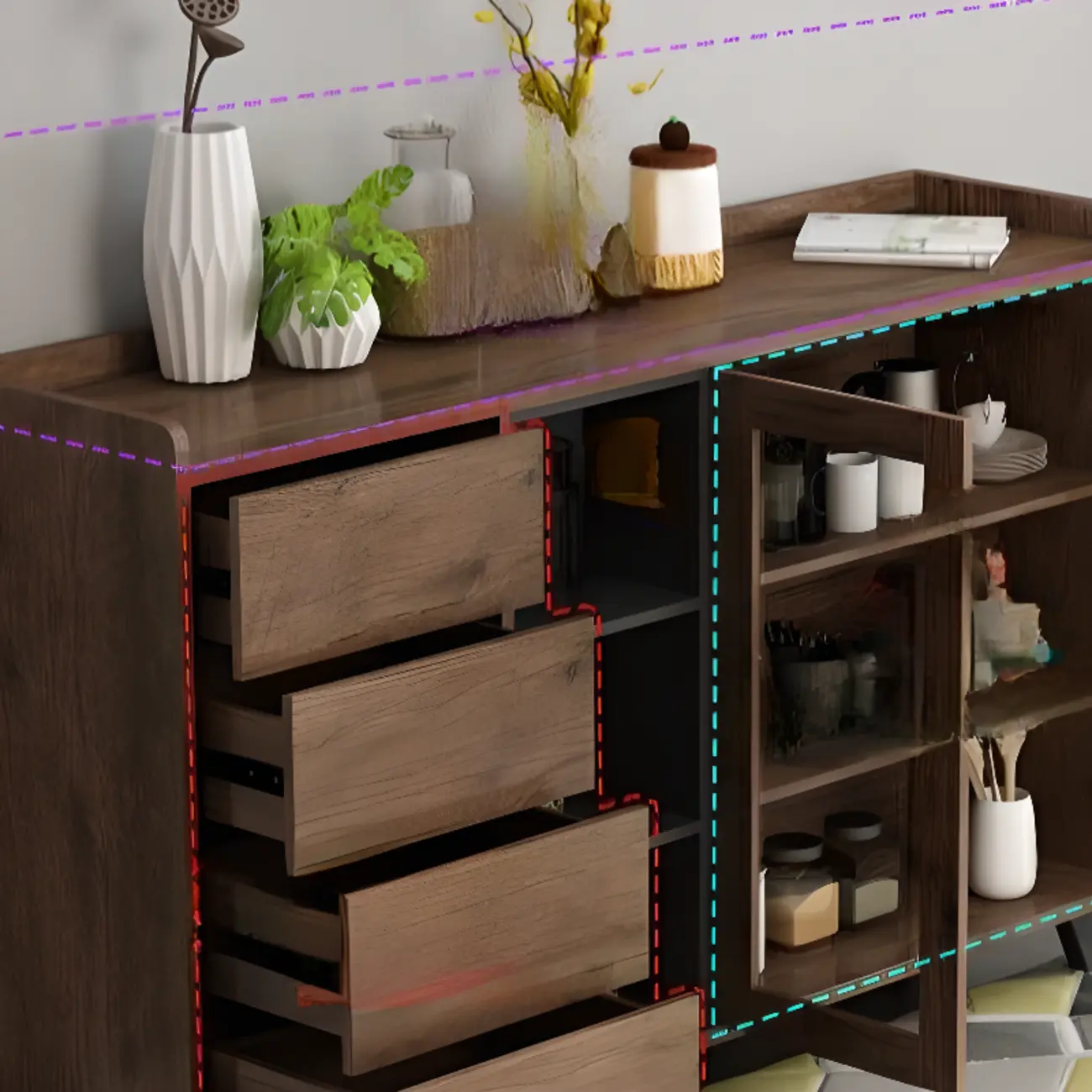 4-Drawer Taupe Wood Sideboard with Glass Doors Image - 6 | homeyfad