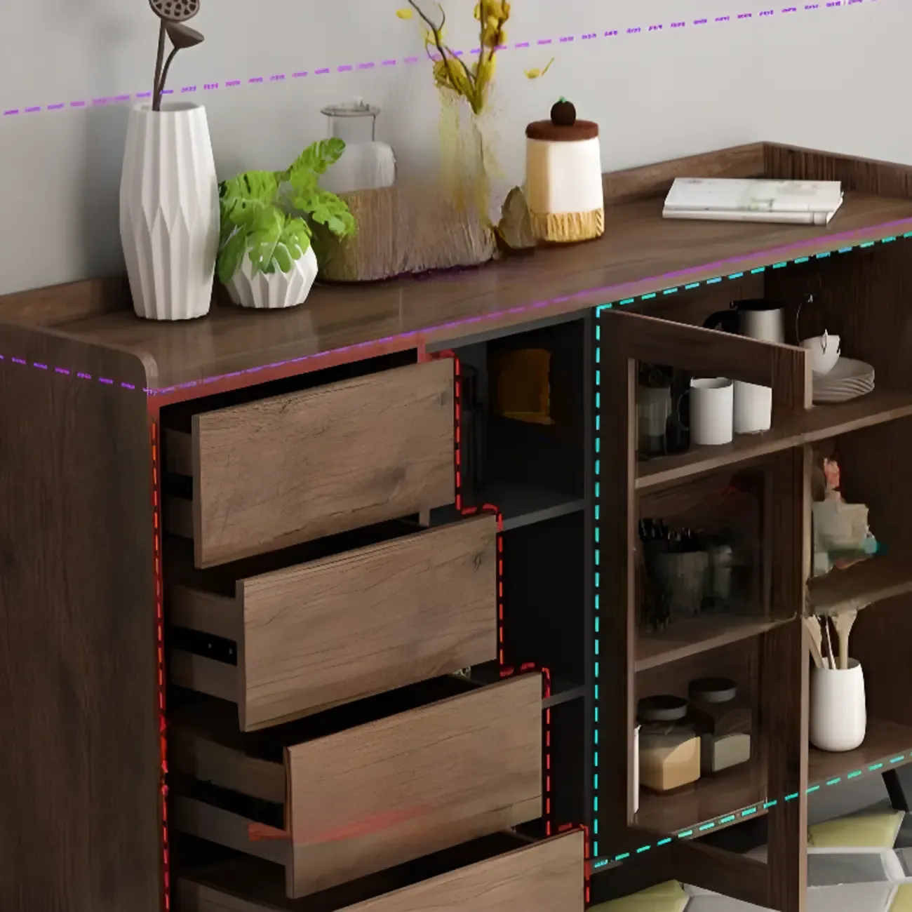 4-Drawer Taupe Wood Sideboard with Glass Doors Image - 6