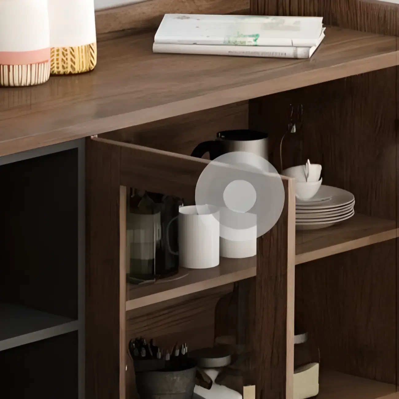 4-Drawer Taupe Wood Sideboard with Glass Doors Image - 7