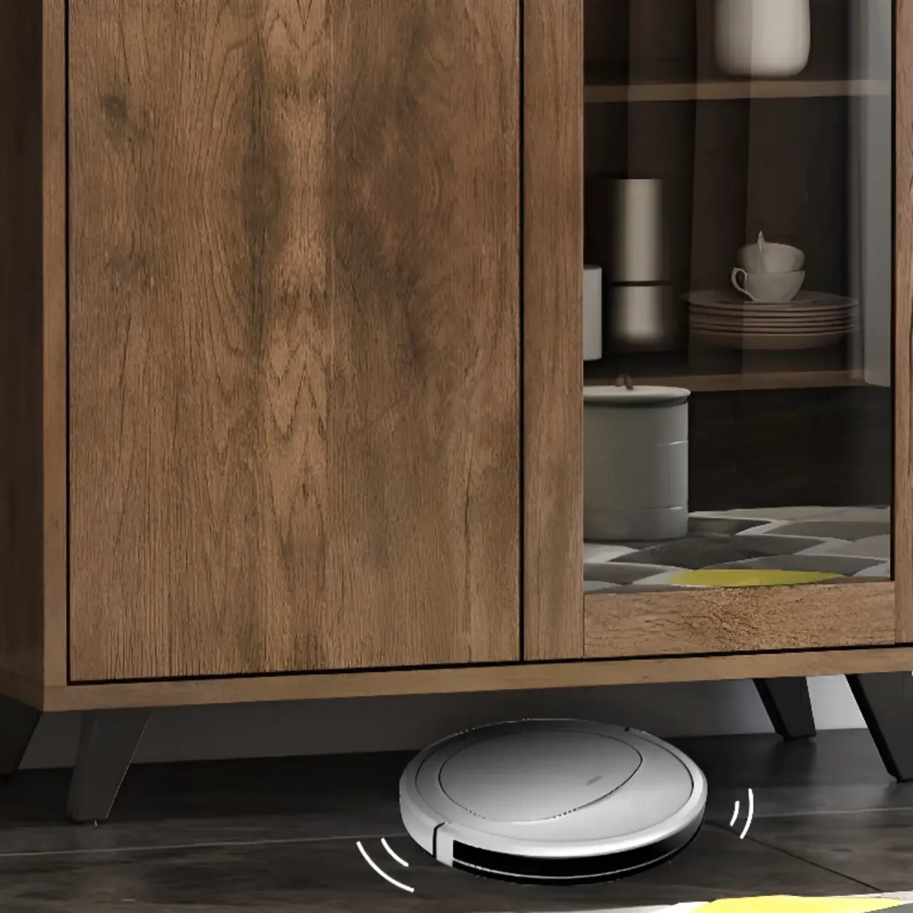 4-Drawer Taupe Wood Sideboard with Glass Doors Image - 8