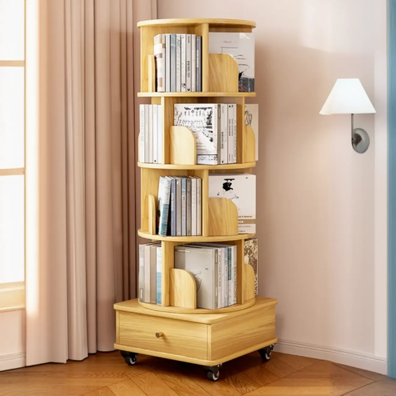 Unique Rotating Closed Back Wooden Storage Bookcase Image - 3