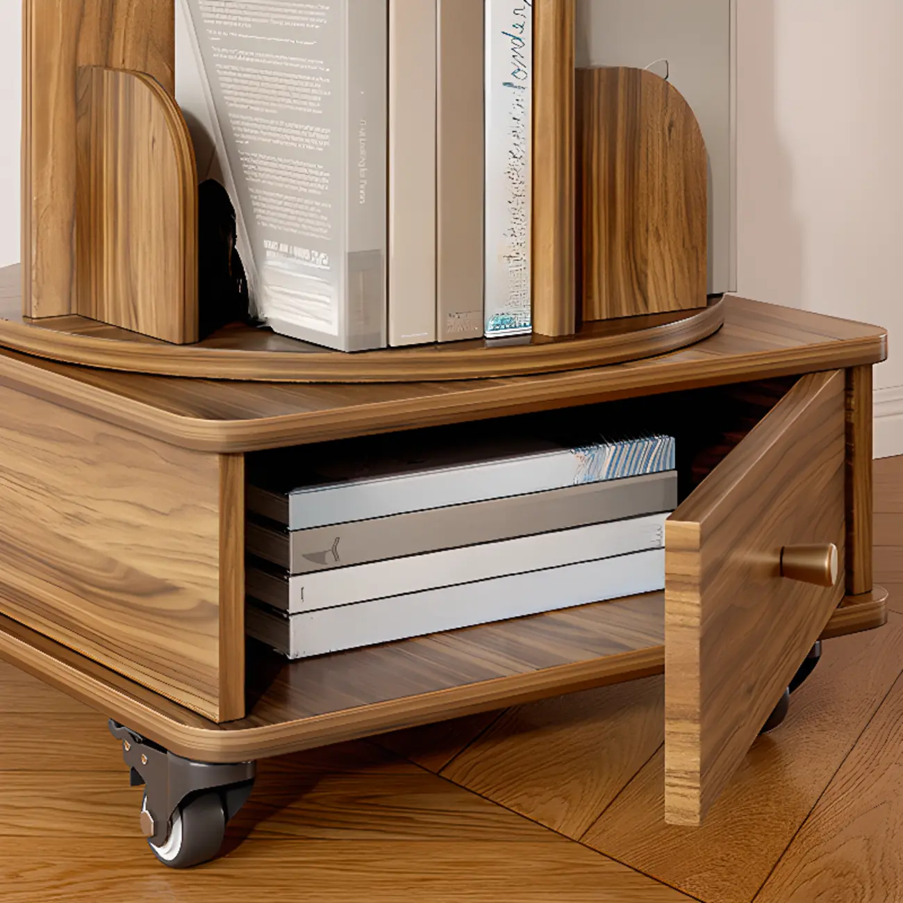 Unique Rotating Closed Back Wooden Storage Bookcase Image - 7 | homeyfad