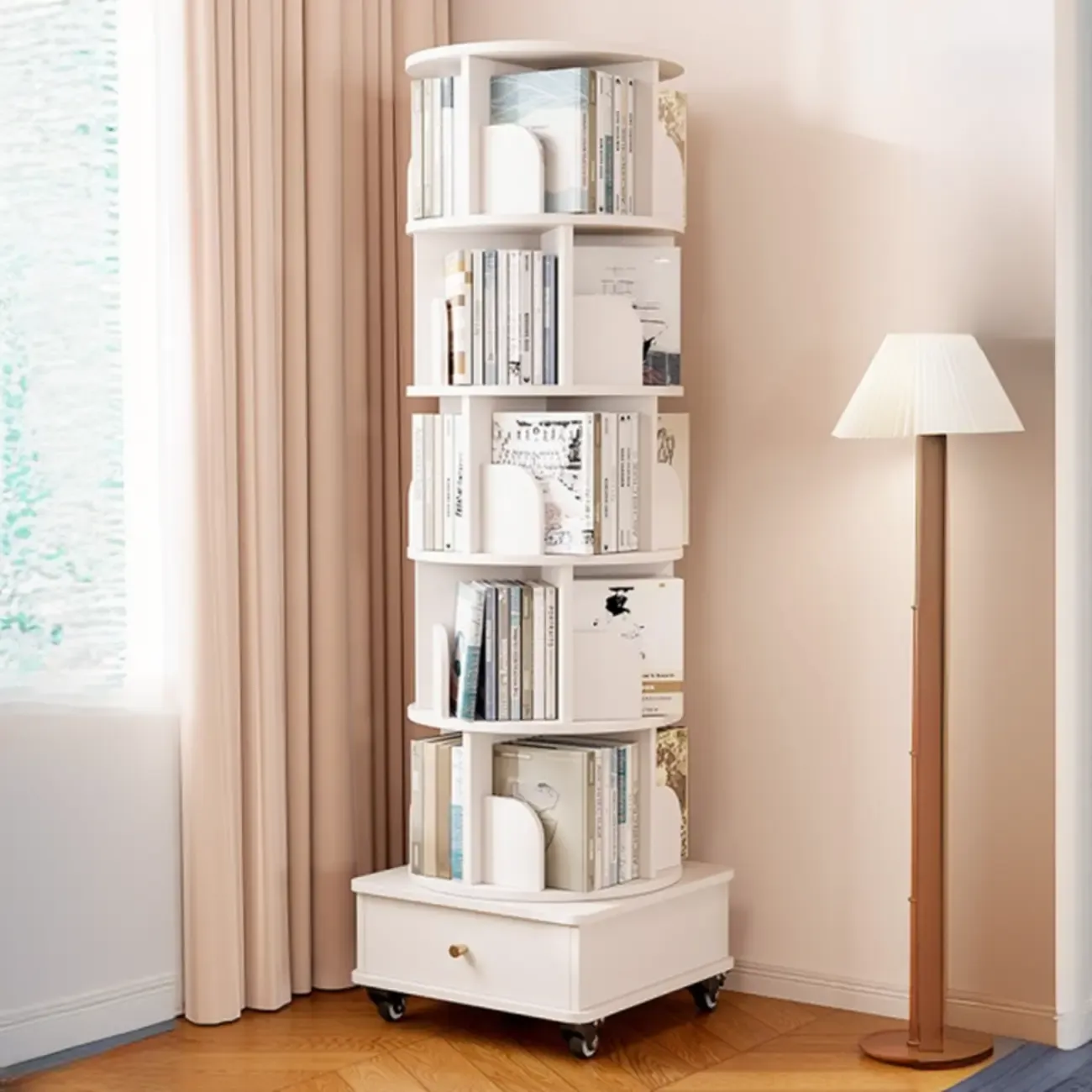 Unique Rotating Closed Back Wooden Storage Bookcase Image - 2