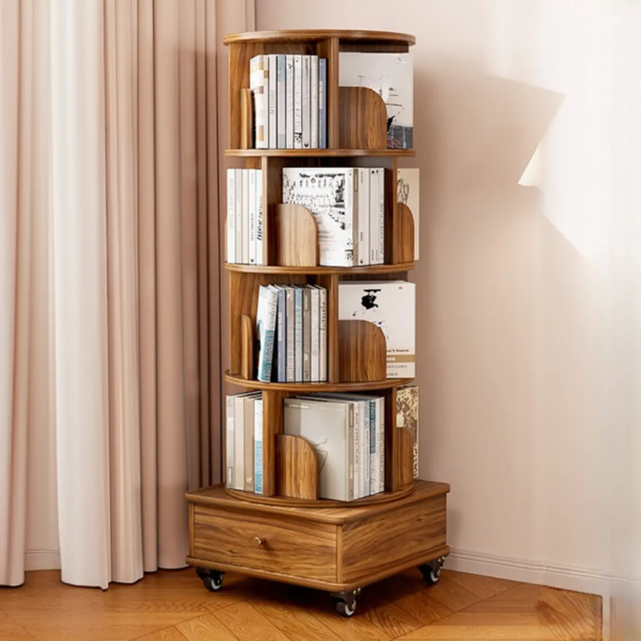 Unique Rotating Closed Back Wooden Storage Bookcase Image - 9 | homeyfad